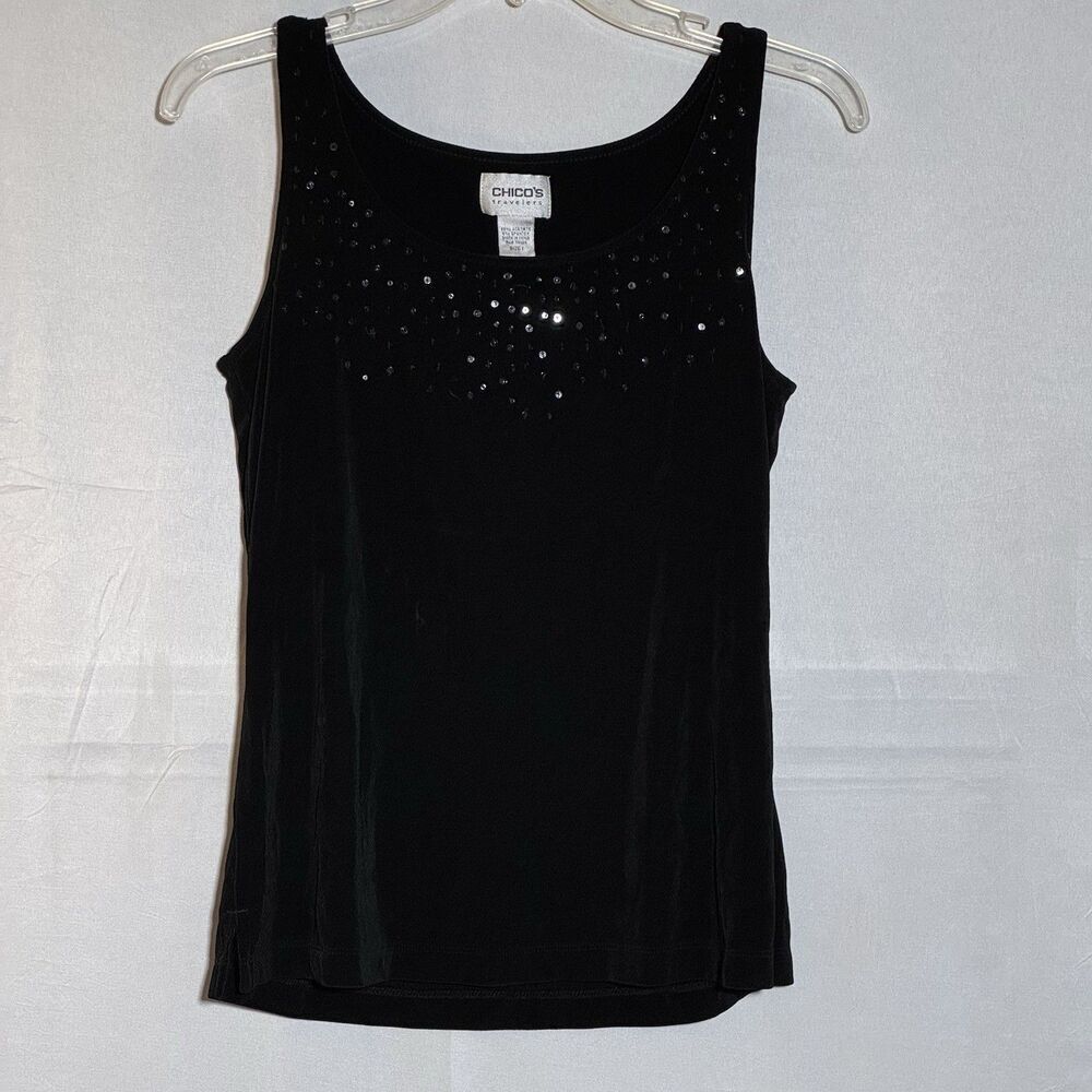 Chico’s Travelers Size 1 Black Embellished Tank Top Stretch Sequin Dressy Casual